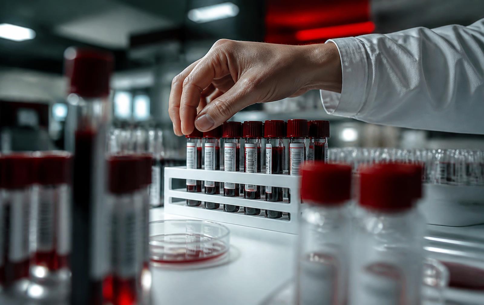 A laboratory sample tube held against pale light