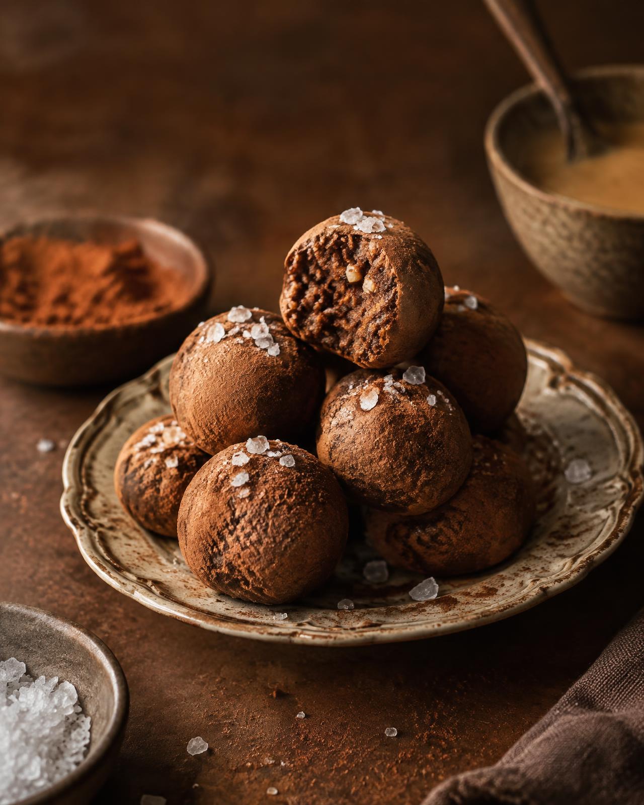 Cacao and tahini bites dusted with cocoa and sea salt on a vintage plate