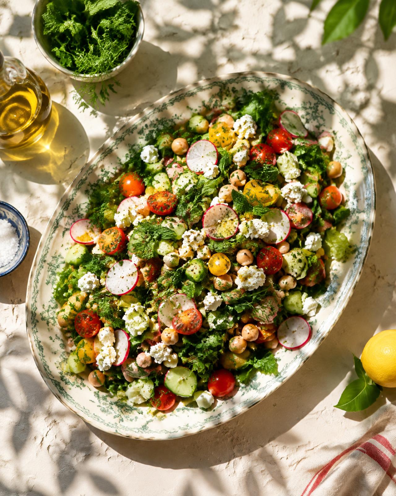 Chopped salad with herbs, feta, radish, chickpeas and tomatoes on a vintage platter