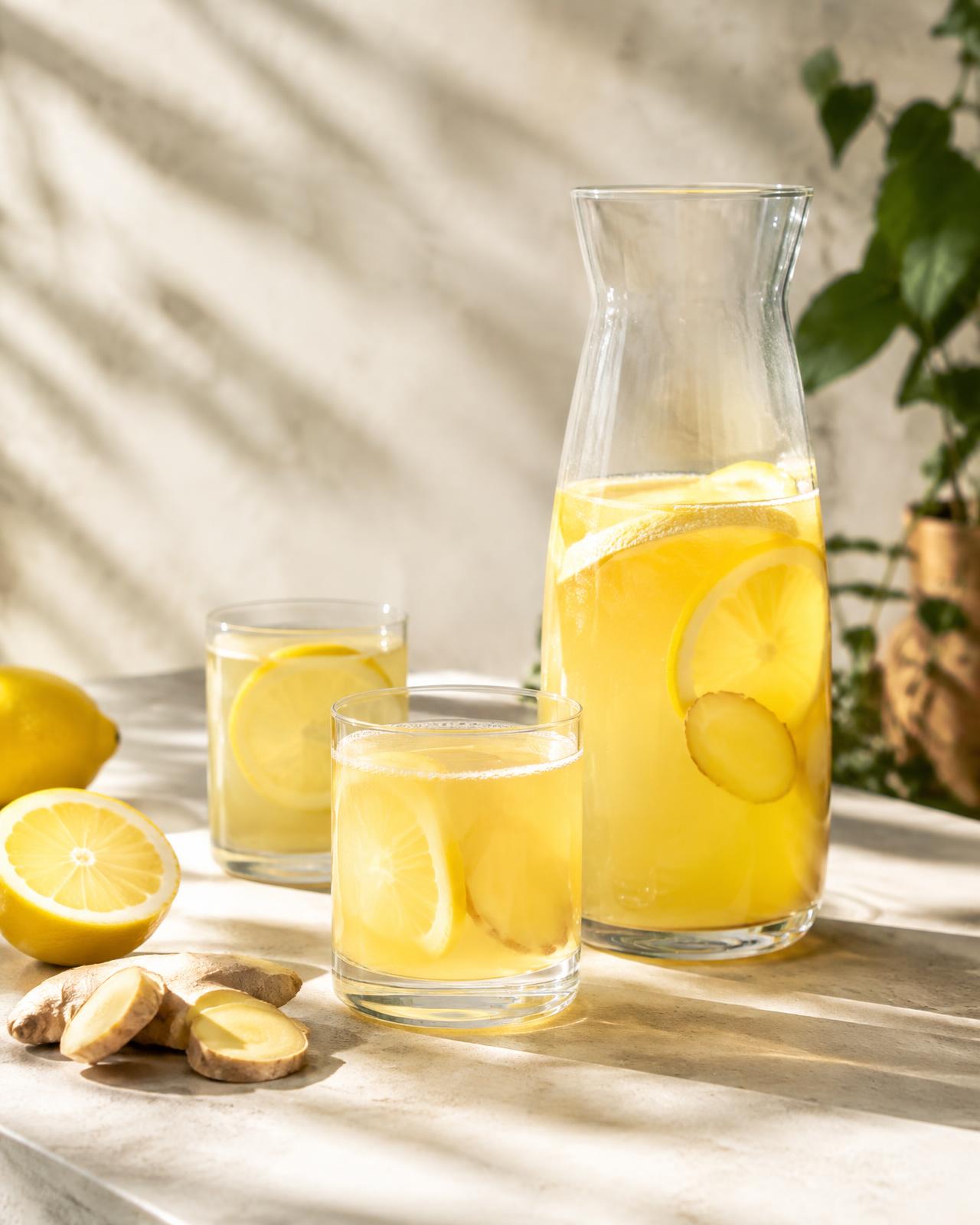 Ginger and citrus tonic in a glass carafe with lemon slices and fresh ginger
