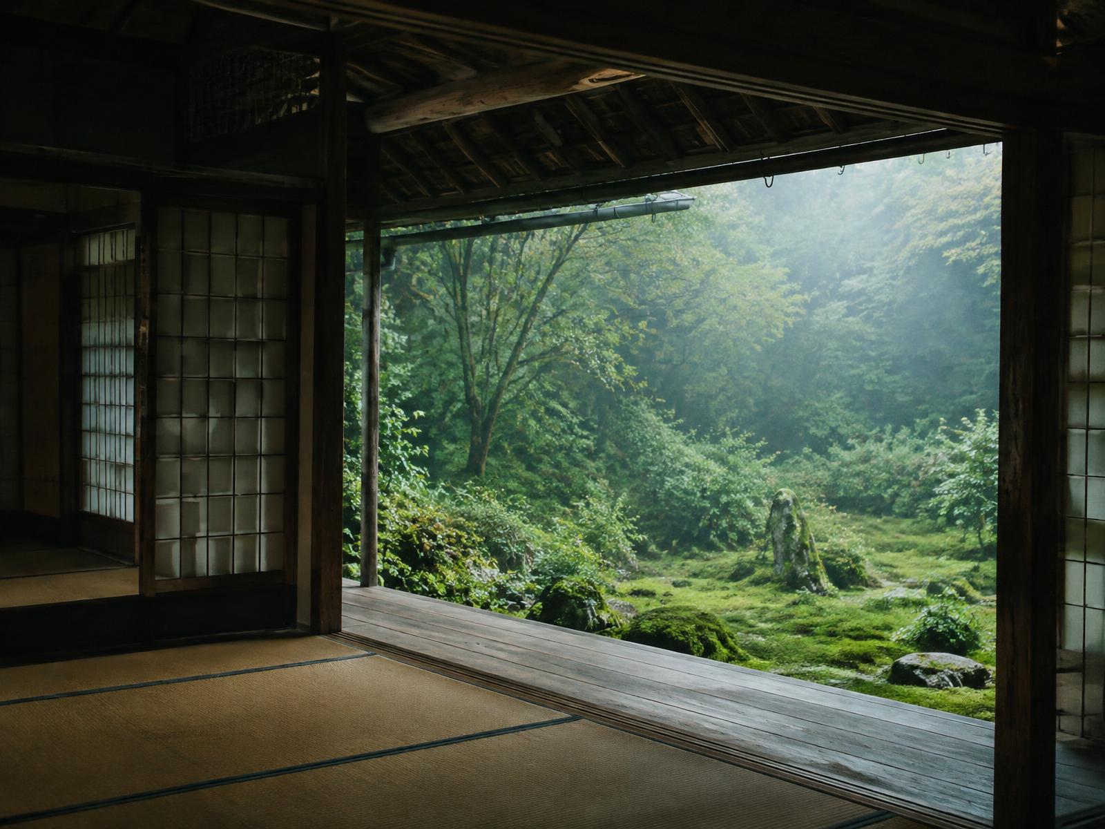 Wooden temple veranda in Kyoto looking out over a misty moss garden