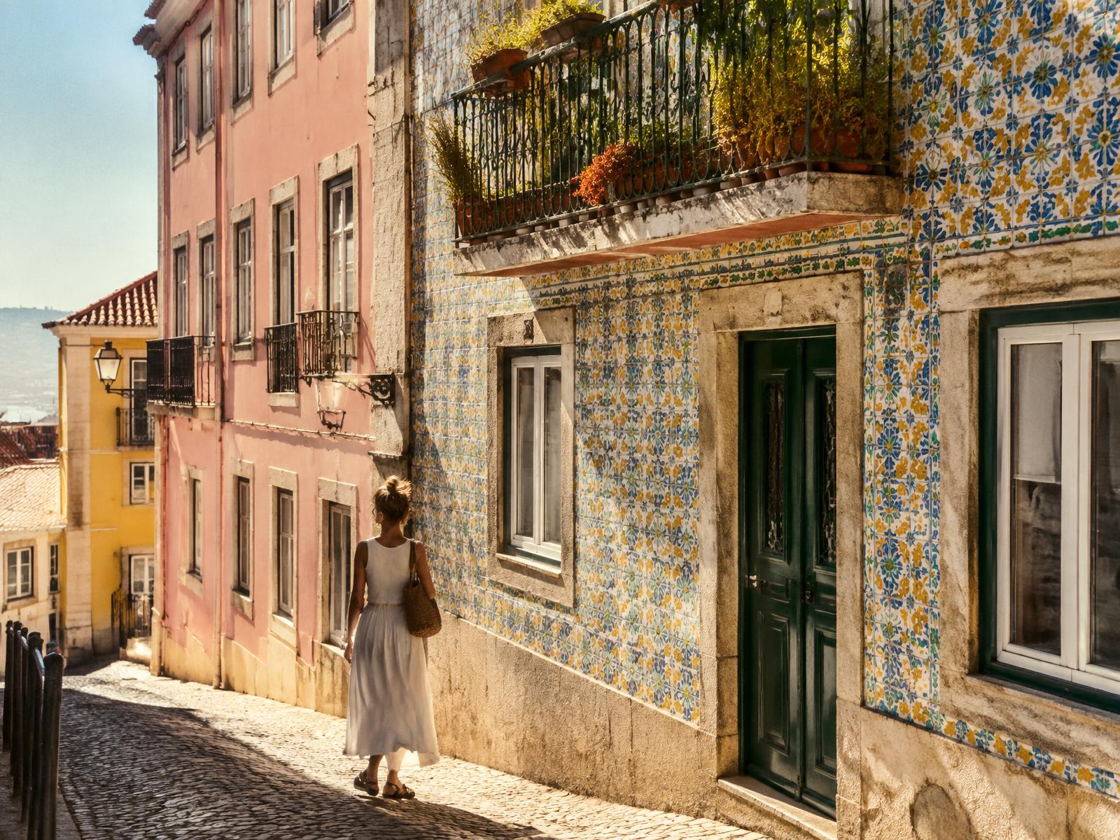 Sunlit Lisbon street with azulejo tiled facade and pastel buildings