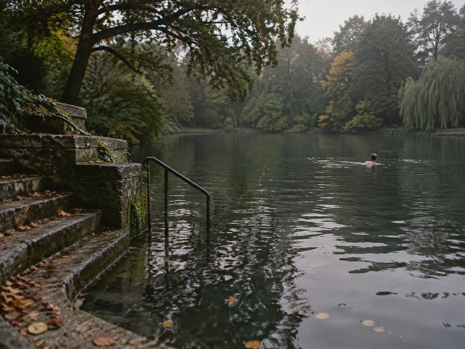A lone swimmer crossing a dark Hampstead bathing pond at autumn dawn