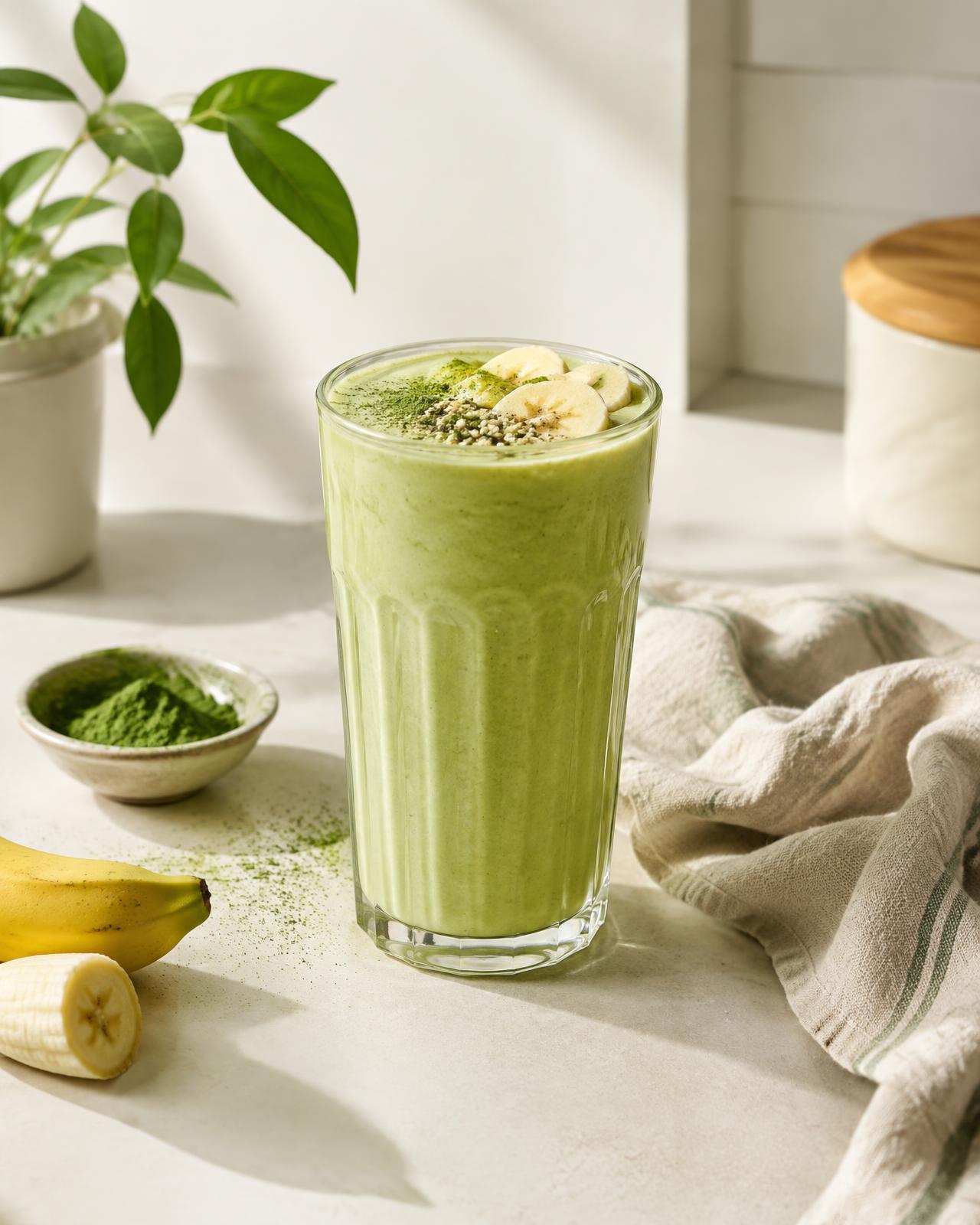 Matcha and banana smoothie in a tall glass with banana slices and matcha powder