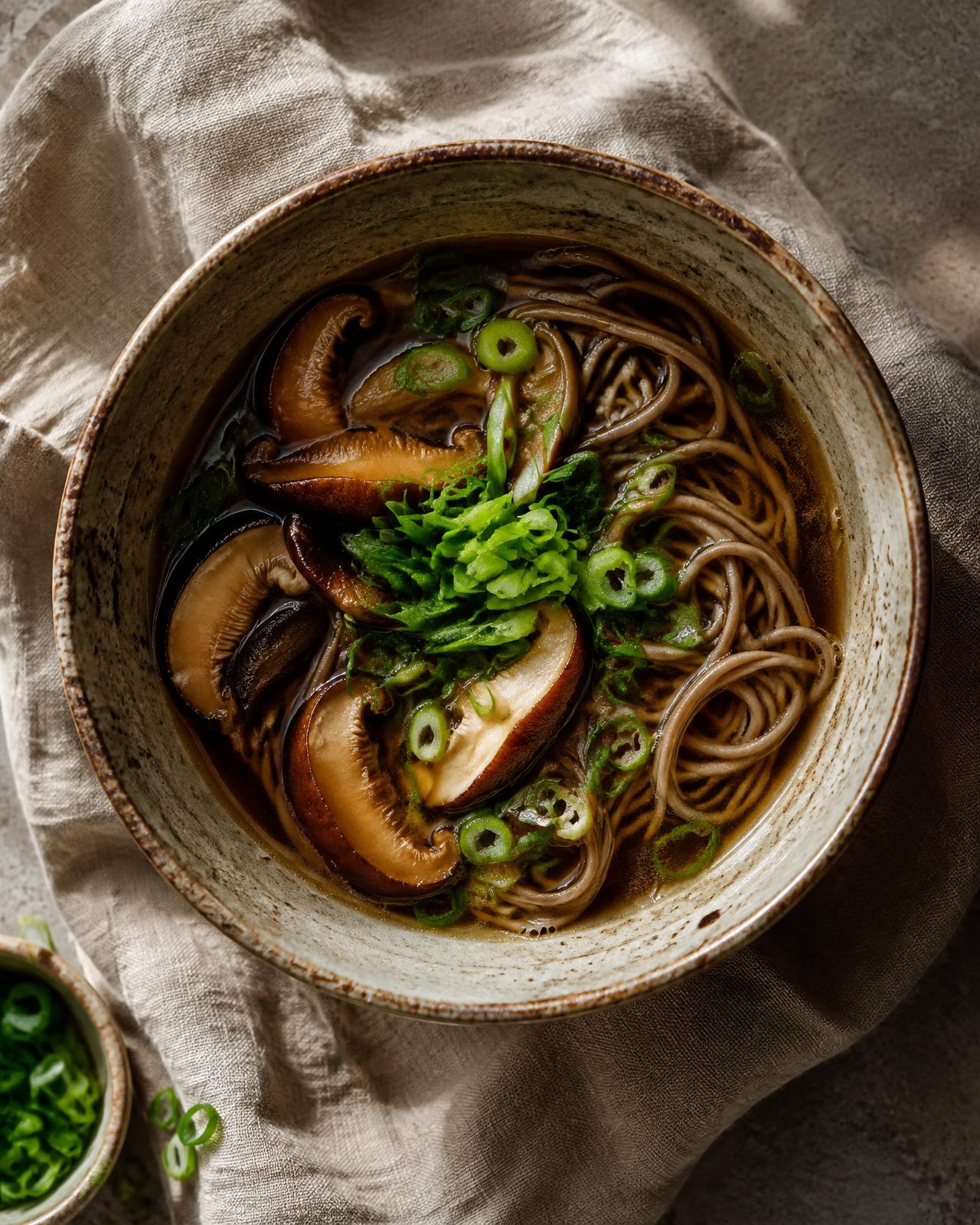 Dark miso mushroom broth with soba noodles, shiitake and spring onion in a ceramic bowl