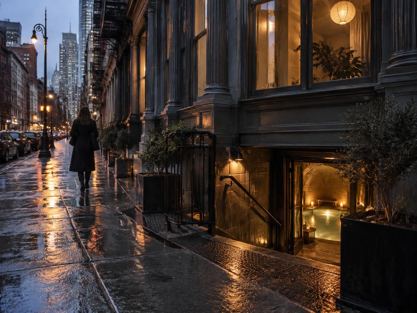 Wet Tribeca street at dusk with warm light below a cast-iron facade