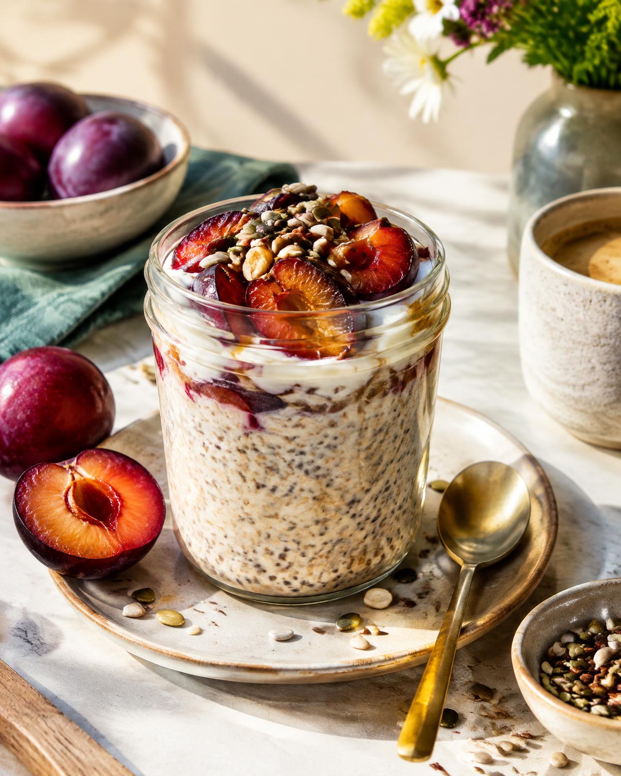 Overnight oats in a glass jar topped with roasted plums, yoghurt and seeds
