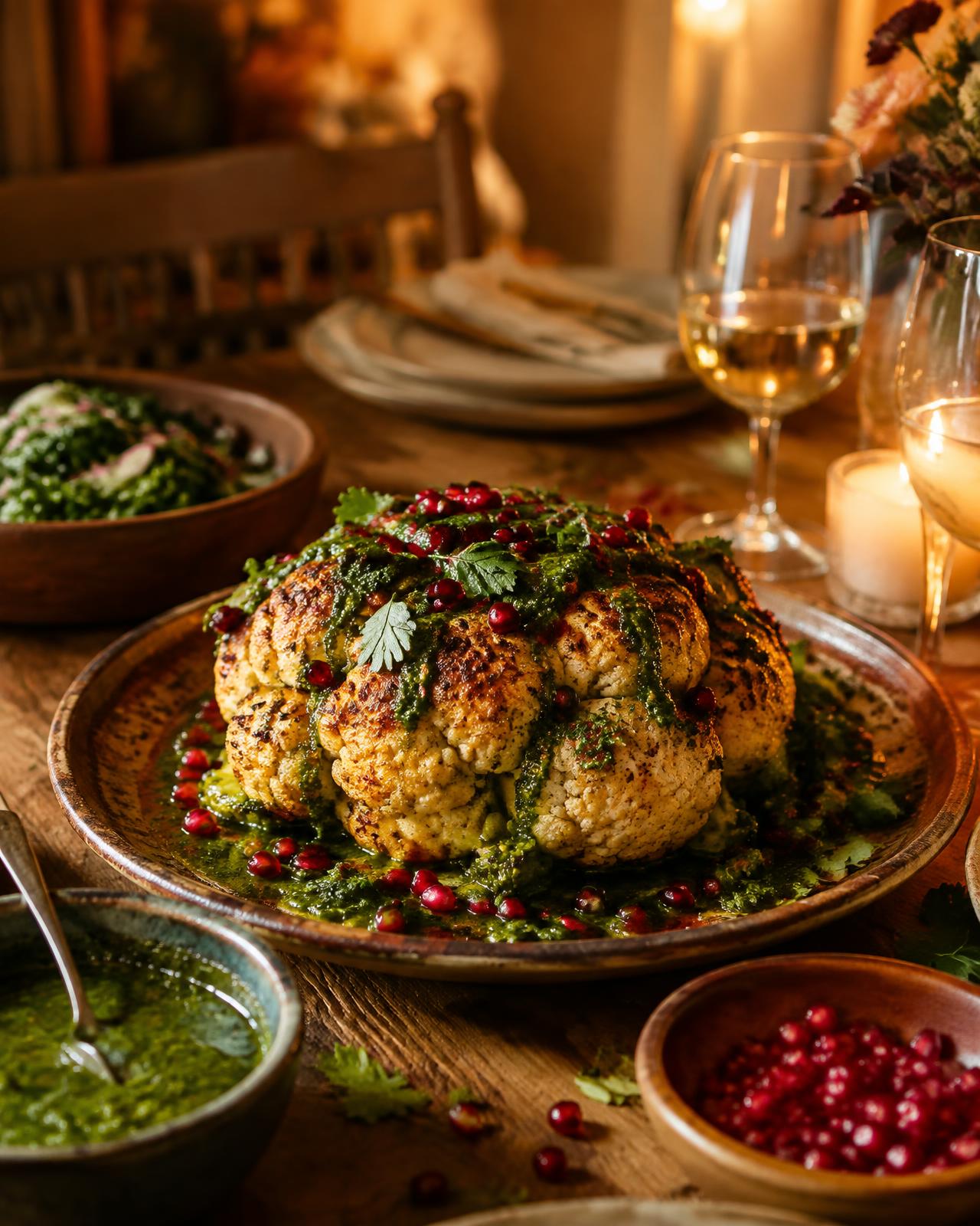 Whole roasted cauliflower with green herb sauce and pomegranate on a rustic platter