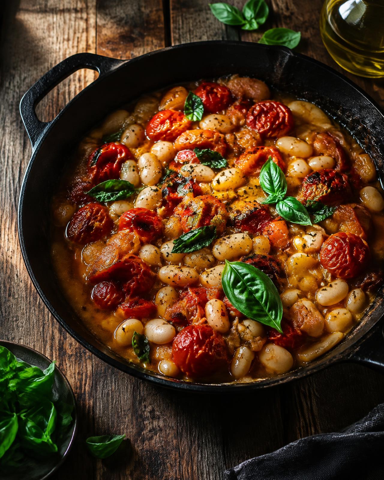 White beans and blistered tomatoes in a cast iron pan with basil and olive oil