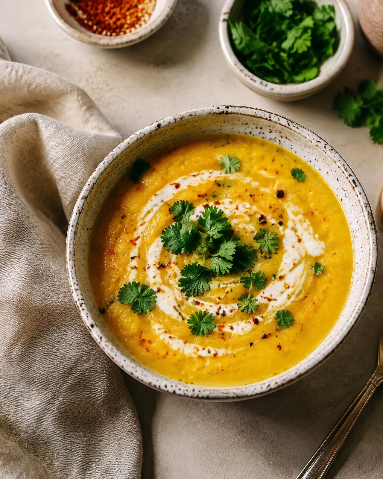 Golden turmeric red lentil soup with a coconut swirl and coriander