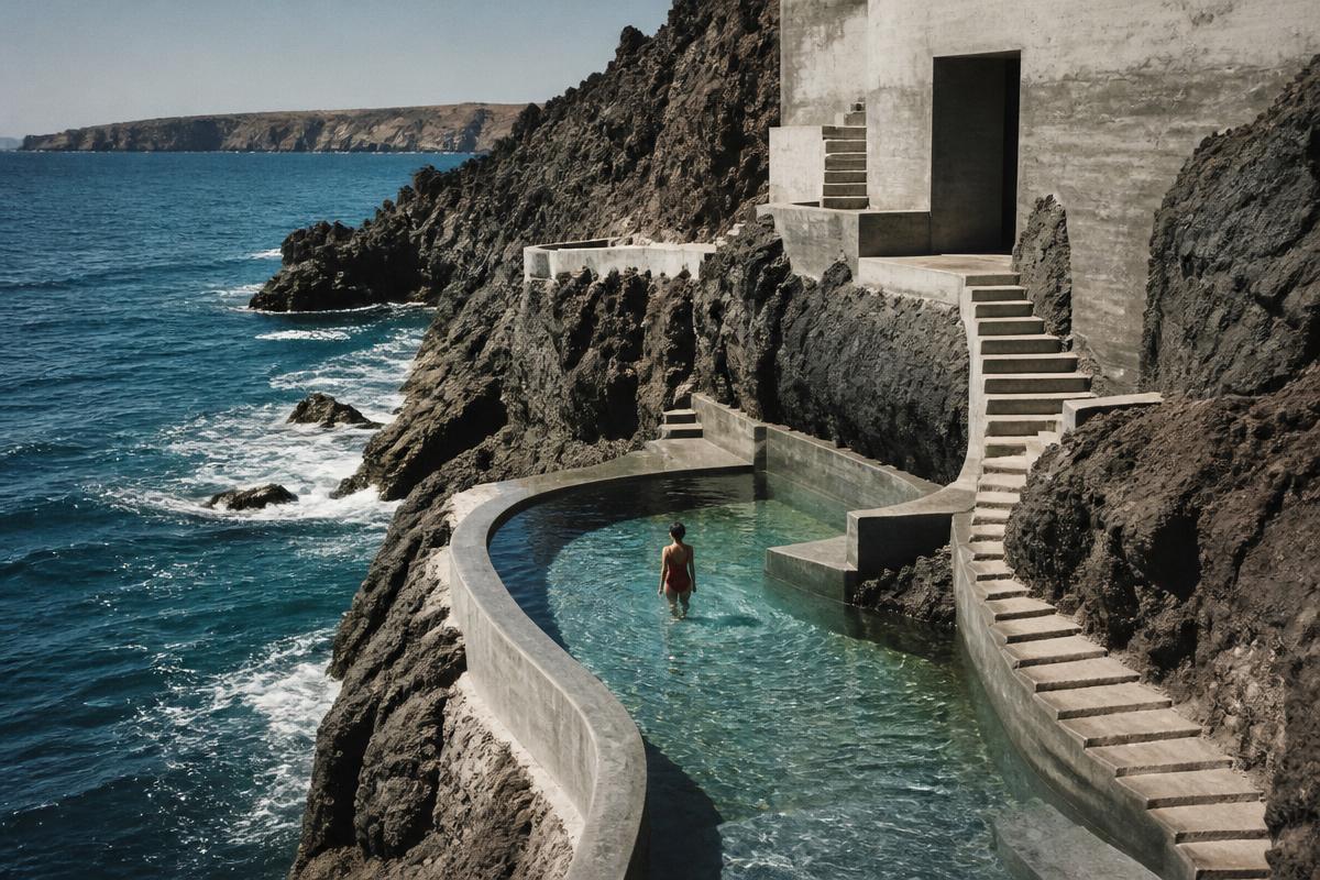 Thermal pool built into volcanic rock by the ocean